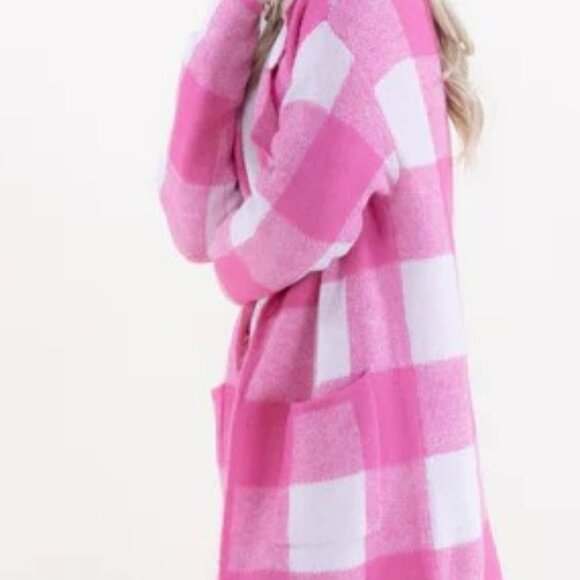 Women's Plaid Knit Coatigan Sweater Jacket Fuchsia Pink with Front Pockets NWT - Picture 4 of 8
